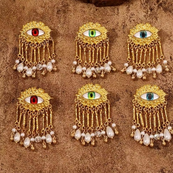 Red Evil Eye Protection Pearl Dangle Earrings - Picture 5 of 8